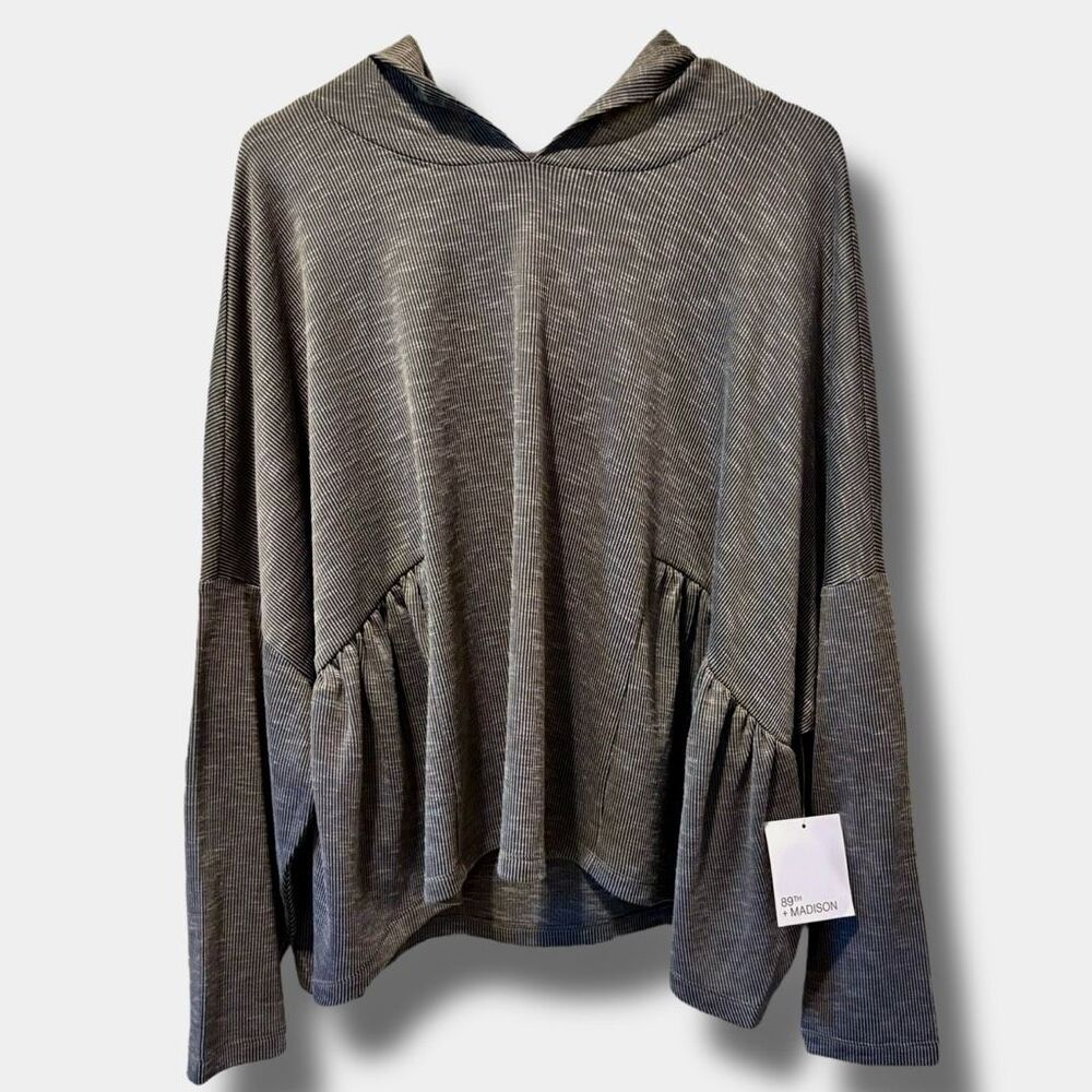 89th + Madison Women's Olive Green Top Size XL Relaxed Fit Ribbed Hoodie NWT